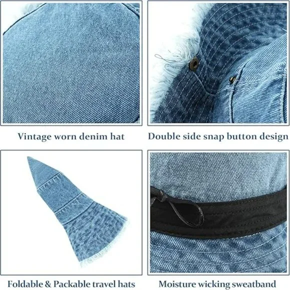 Denim Frayed Cowboy Bucket Hat Wide Brim Blue Jean Style Brand New !! - Picture 3 of 4